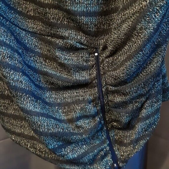 New Metallic Sheer Crochet Draped top L Blue Gold Green stripe Zippered waistban - Picture 8 of 10